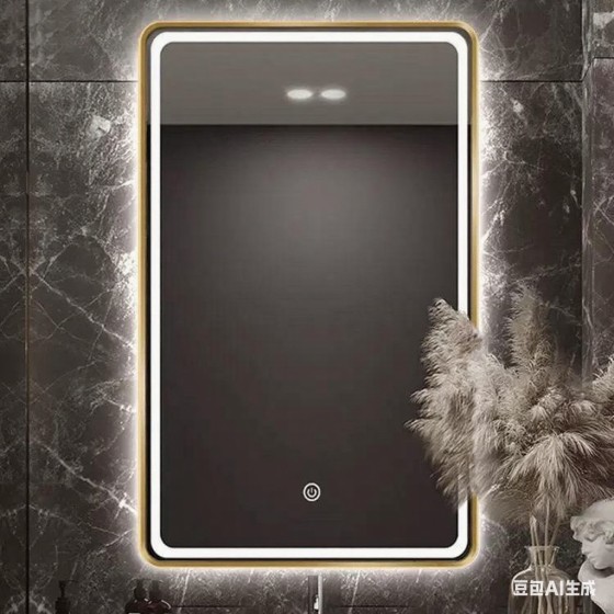 T129D-NGN 80*60 led mirror and light(Warm colors, white, blue),With back panel  with a gold border STOCK