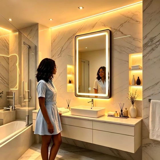 T129C-NGN 80*60 led mirror and light(Warm colors, white, blue),With back panel  with Black border STOCK